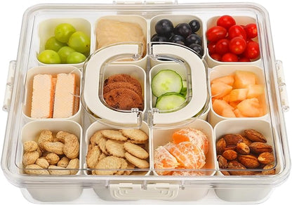 shopwithgreen Divided Serving Tray with Lid and Handle, Portable Snack Box, 12 Compartments Veggie Fruit Tray, Charcuterie Platter Snackle Box Container for Party, Snacks, Picnic, LARGER SIZE