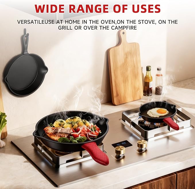 3 piece set, cookware set 6, 8, 10 Inches, for frying, saute, &more, easy use in the oven, stove, grill, or campfire, black, with silicone heat-resistant cover