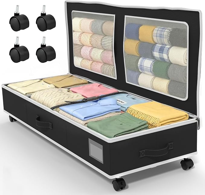 GoMaihe Under Bed Storage with Wheels: 70L Rolling Bins for Wrapping Paper Storage, Toys, Clothes - Includes Mesh Bag & Adjustable Dividers, Metal Frame Easy Pull-out Black 1-Pack