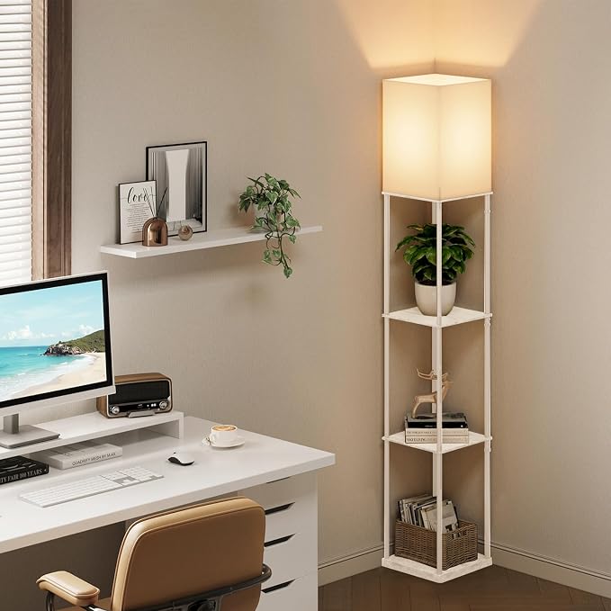 Gupuzm Floor Lamp with Shelves, 4 Layer Square Standing Lamp with 3 Color Temperature Bulb, Corner Display Bookshelf Lamp for Living Room, Bedroom and Office（White-2 Packs）