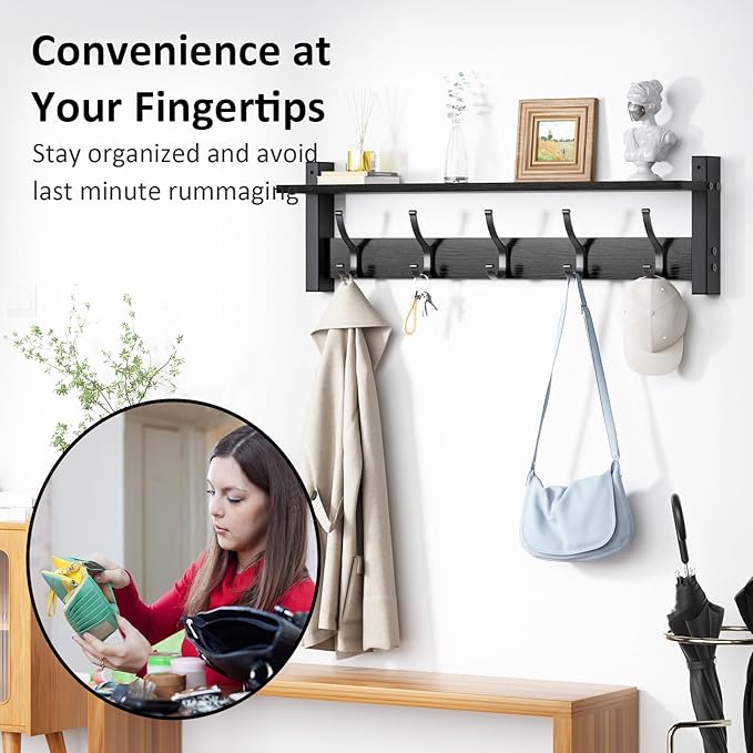 Coat Rack Wall Mount with Shelf, 24 Inch Coat Hanger Walls Mounted, Hat Rack for Walls, Shelf with 5 Coat Hooks, Wall Hanger for Entryway (Black)