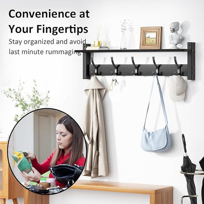 Coat Rack Wall Mount with Shelf, 24 Inch Coat Hanger Walls Mounted, Hat Rack for Walls, Shelf with 5 Coat Hooks, Wall Hanger for Entryway (Black)