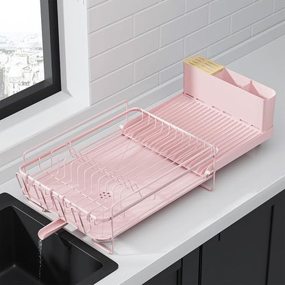 Kitsure Large Dish Drying Rack - Extendable Dish Rack, Multifunctional Dish Rack for Kitchen Counter, Anti-Rust Dish Drainers with Cutlery & Cup Holders 19.2"-26.7" L x 12.9" W, Pink
