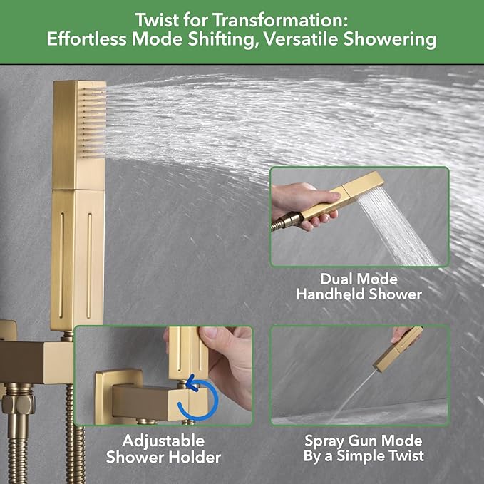 VANFOXLE Shower Faucet Set Brushed Gold Shower System, Push Button Diverter Shower Faucet with Trim Kit, Ceiling Mount 10 Inch Shower Head Increased Thick, 6 Inch Side Shower Head, 2-in-1 Handheld
