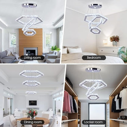 Modern Crystal Chandeliers Big 3 Rings LED Ceiling Light Adjustable Stainless Steel Pendant Light for Bedroom Living Room Dining Room (6500K Cool White)(25cm+35cm+45cm)