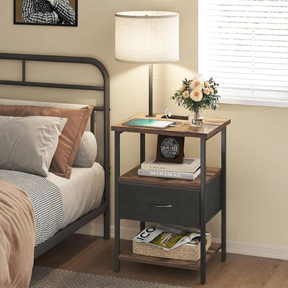 Fixwal Nightstand with Lights Bedside Table with 3 Color Temperatures Bulb, Night Stand with Charging Station End Table with Adjustable Fabric Drawer for Bedroom Dorm