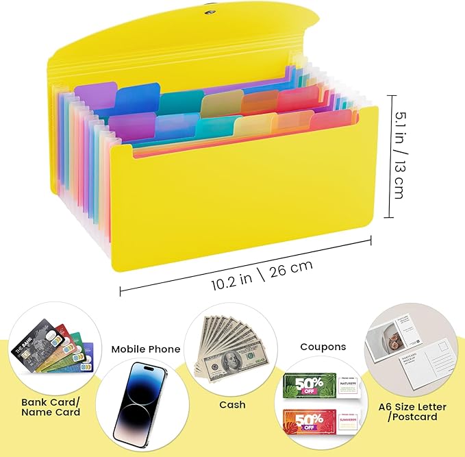 13 Pocket A6 Receipt Organizer, 2 Pack Small Accordion File Organizer, Coupon Organizer with Labels - Yellow
