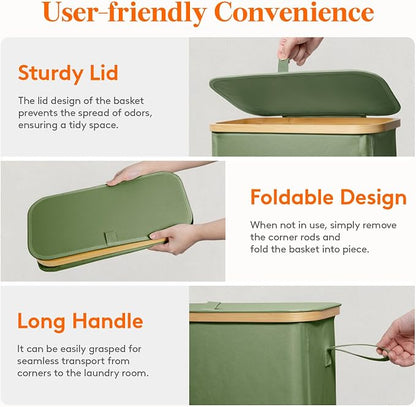 Lifewit 65L Slim Laundry Hamper with Lid, Narrow Laundry Basket with Removable Bag & Bamboo Handles, Fodable Thin Dirty Clothes Hamper for Laundry Collapsible Bin for Bathroom Bedroom Dorm, Green