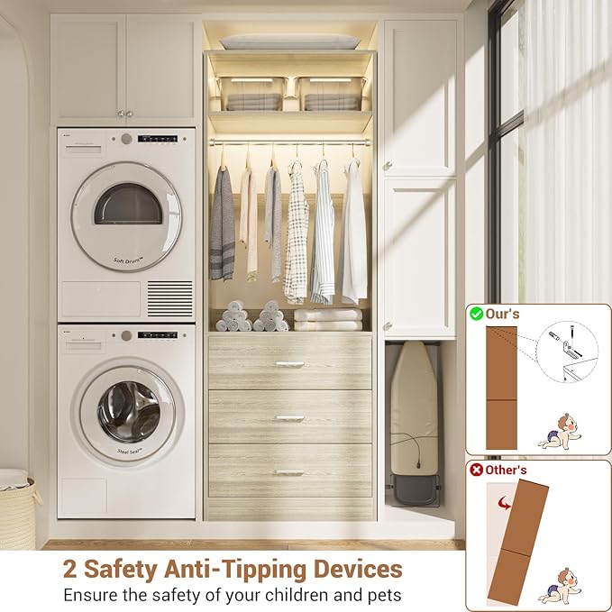 Closet System Set of 4, 8FT Closet Systems with 12 Wood Drawers, 96" Closet Organizer System with 4 Hanging Rods & 4 Shelves,Heavy Duty 96 Inch Walk-in Closet,White Oak (96"L x 15" W x 80" H)