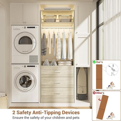 Freestanding 2FT Closet System with 3 Wood Drawers, 24" Closet Organizer System with Hanging Rod & Shelves, Walk-in Closet Systems for Small Closet, White Oak (24"L*15"W*80"H)