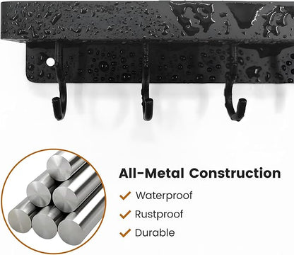 niffgaff Black Key Holder Wall Mount, Stainless Steel Self Adhesive Hooks Rack with Shelf, No Drill Key Hanger for Door and Wall