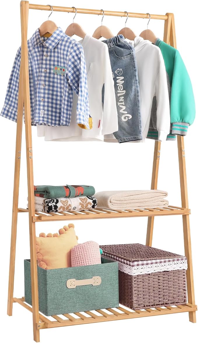 Small Clothes Rack Kids Dress Up Storage for Playroom, Toddlers Bedroom, Bamboo Child Garment Rack with 2 Tier Storage Shelf, Kids Clothing Rack Costumes Organizer