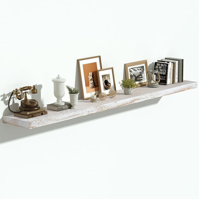 Vivelove Elm Wood Long Floating Shelves for Wall, 55 inches x 8” Deep Wooden Shelves, for Living Room Bedroom Kitchen Bathroom Office, Rustic Farmhouse Decor, Set of 1 - Distressed Washed White