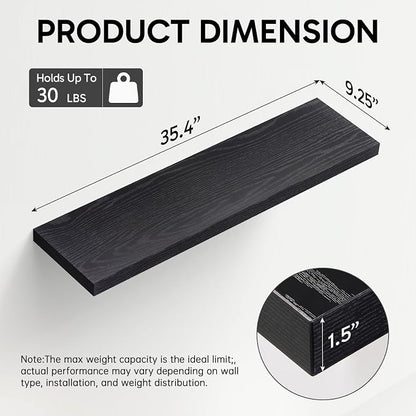 BAYKA Floating Shelves for Wall, Set of 2, 35.4 inches Long Wall Mounted Rustic Wood Shelves for Bathroom, Bedroom, Living Room, Kitchen, Office, Hanging Shelf for Books/Storage/Decor, Black