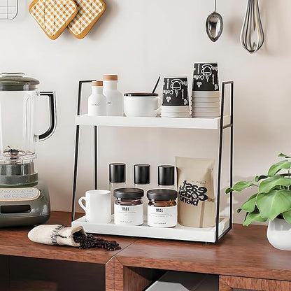 Countertop Coffee Station Organizer, 2 Tier Large Coffee Bar Organizer for Accessories Storage, Stable Metal Wooden Shelf Syrups Holder Condiments Rack