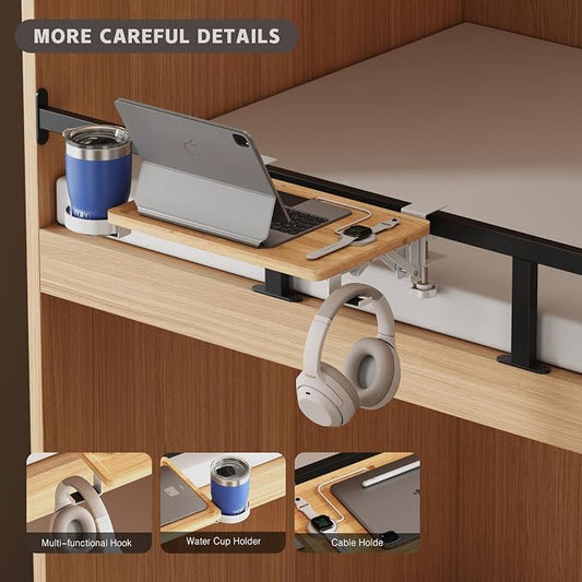 Magheo Bedside Shelf Wood, Foldable Clip-On Bed Shelf for Top Bunk Space Saving Bed Side Table Tray for College Dorm Room Essentials,Loft Nightstand Organizer Tray with Rotatable Cup Holder, Hooks