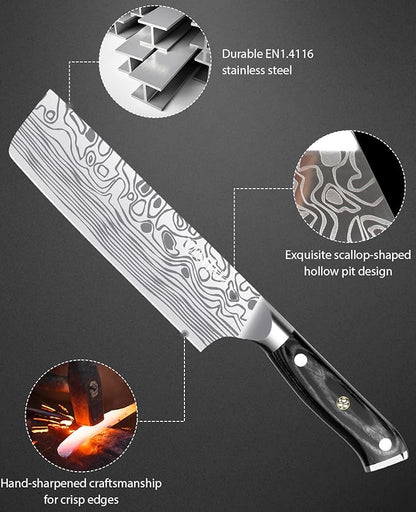 MOSFiATA 7” Nakiri Chef's Knife with Finger Guard, German High Carbon Stainless Steel EN1.4116 Vegetable Knife, Multipurpose Kitchen Knife with Micarta Handle in Gift Box