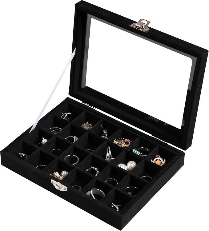 Frebeauty 24 Grid Jewelry Tray,Velvet Stud Earring Organizer,Small Jewelry Organizer with Clear Lid,Lockable Earring Holder Organizer Jewelry Boxes & Organizer Ring Holder for Women & Girls(Black)