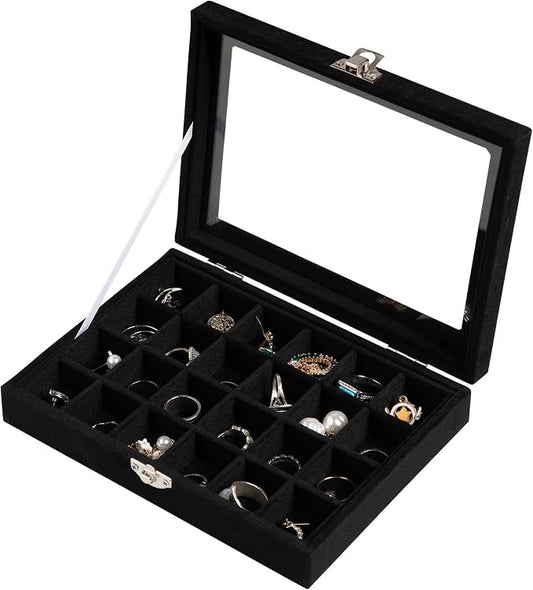 Frebeauty 24 Grid Jewelry Tray,Velvet Stud Earring Organizer,Small Jewelry Organizer with Clear Lid,Lockable Earring Holder Organizer Jewelry Boxes & Organizer Ring Holder for Women & Girls(Black)