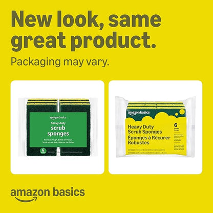 Amazon Basics Heavy Duty Dual-Sided Scrub Sponges, Reusable, 4.4 x 2.7 x 0.8 in, Yellow/Green, (Pack of 12)
