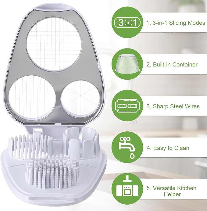 LemonRoad 3 in 1 Egg Slicer for Hard Boiled Eggs Stainless Steel Egg Cutter White Kitchen Dicer Chopper Tool for Strawberry Grape Cherry Banana Butter Mushroom Tomato