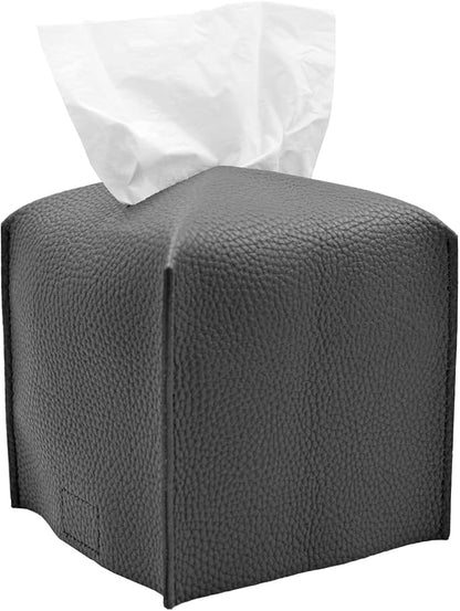 Livelab Tissue Box Cover, Square Decorative PU Leather Tissue Box Holder Modern Tissue Case Facial Paper Organizer Dispenser for Bathroom, Vanity Countertop, Night Stand, Desk, Car 5X5X5'' | Dark Gray