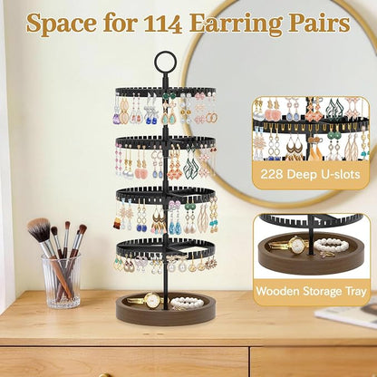 MODOWEY 4 Tier Rotating Earring Holder Organizer Display Tree with Wooden Tray, Adjustable Plastic Stand with 228 Slots for Stud Hoop Hanger, Large Capacity Storage Rack for Women Space Saving, Black