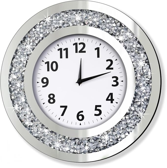 DMDFIRST Crystal Crushed Diamond Mirrored Round Wall Clock 16x16x2 inches for Wall Decoration Silver Glass Mirror Clock Sparkle Twinkle Bling Home Decor. AA Battery is not Included.