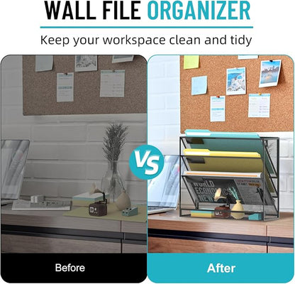 SUPEASY Wall File Organizer Mesh Office Mail Holder, Hanging Wall Organizer Magazine Rack for Office Black, 4 Tier