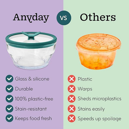 Anyday 4-Piece Large Glass Food Storage with Glass Lids | Plastic-Free Meal Prep & Microwave Cookware | Stackable Airtight Storage Container with Vented Lid for Microwave-Safe Reheating