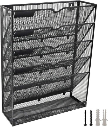 EASEPRES Desk File Organizer Mesh 6-Tier, Hanging Wall Mount Document Organization Stand, Desktop Vertical Mail Paper Folder Holder Rack with Bottom Tray for Office Home Cubicle, Sides Closed, Black