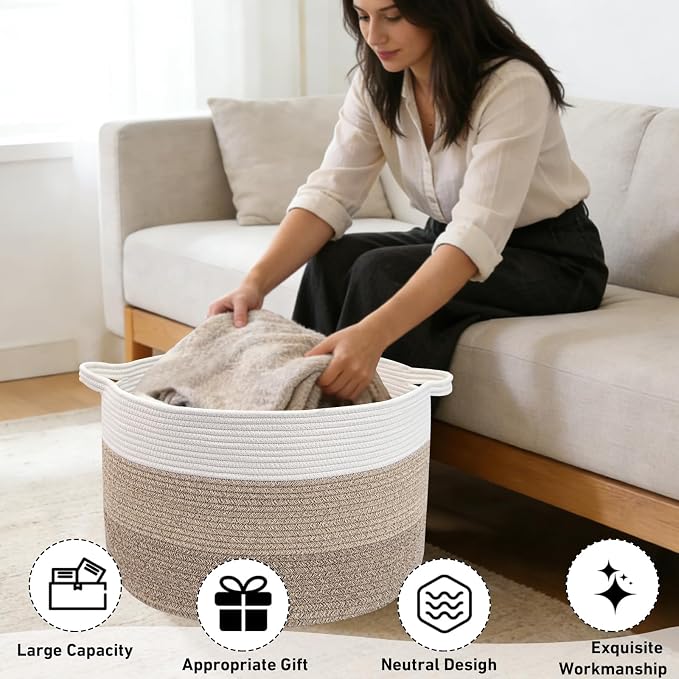 65L Large Blanket Basket,Woven Rope Laundry Basket Hamper with Handles,Decorative Nursery Basket Storage Bin for Toys, Pillows, Clothes Organizer, Living Room, Bedroom, Bathroom, Brown