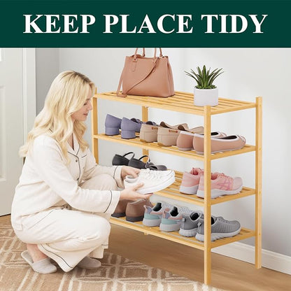 Smiry Bamboo Shoe Rack 4-Tier, Stackable Wooden Shoe Organizer for Entryway & Closet, Free Standing Wood Shoe Storage Shelf for Front Door & Small Spaces, Natural