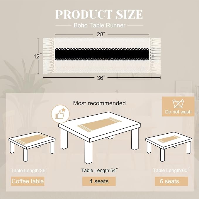 FEXIA Boho Table Runner for Summer Home Decor with Tassels 36 Inches Long Farmhouse Rustic Black Gothic Table Runner Macrame Gothic Burlap Table Decoration for Kitchen Living Room (12x36 Inches)