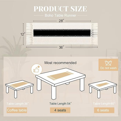 FEXIA Boho Table Runner for Summer Home Decor with Tassels 36 Inches Long Farmhouse Rustic Black Gothic Table Runner Macrame Gothic Burlap Table Decoration for Kitchen Living Room (12x36 Inches)
