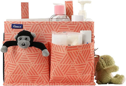 Surblue Bedside Caddy Hanging Bed Organizer Storage Bag Pocket for Bunk and Hospital Beds, College Dorm Rooms Baby Bed Rails,Camp Chiars，Wheelchair Side Bag，4 Pockets and 2 Hooks (Orange Plaid)