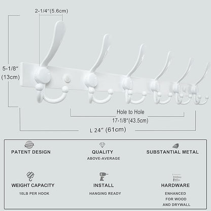 Dseap Coat Rack Wall Mount 2.0 Pro: 24” Long, 3X Tougher, Heavy Duty Stainless Steel Wall Coat Hanger with 6 Tri Hooks for Clothes Jackets Hats Entryway Closet, White