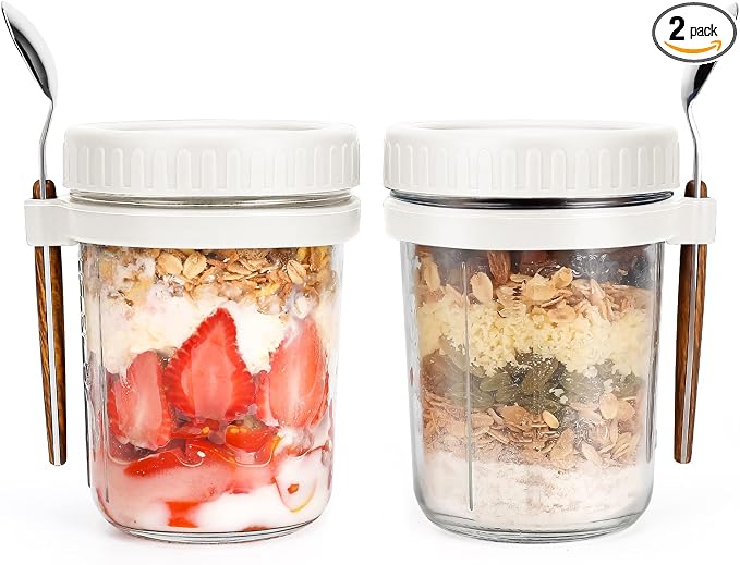 PFUM Overnight Oats Jars with Spoon and Lid 16 oz [2 Pack], Airtight Oatmeal Container with Measurement Marks, Mason Jars with Lid for Cereal On The Go Container (2pcs white)