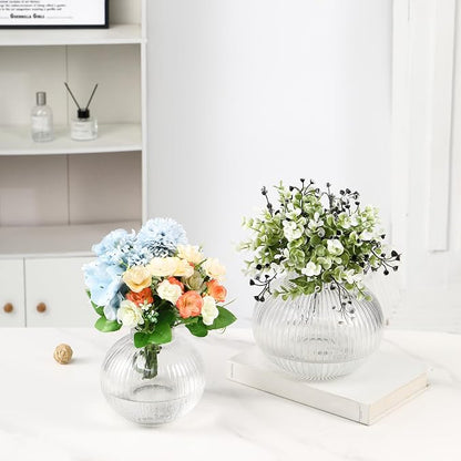 Round Glass Vases Set of 2, Flower Vases for Bouquet, Ribbed Glass Vase for Flowers, Small Clear Vase for Living Room, Office, Coffee Table, Shelf, Wedding