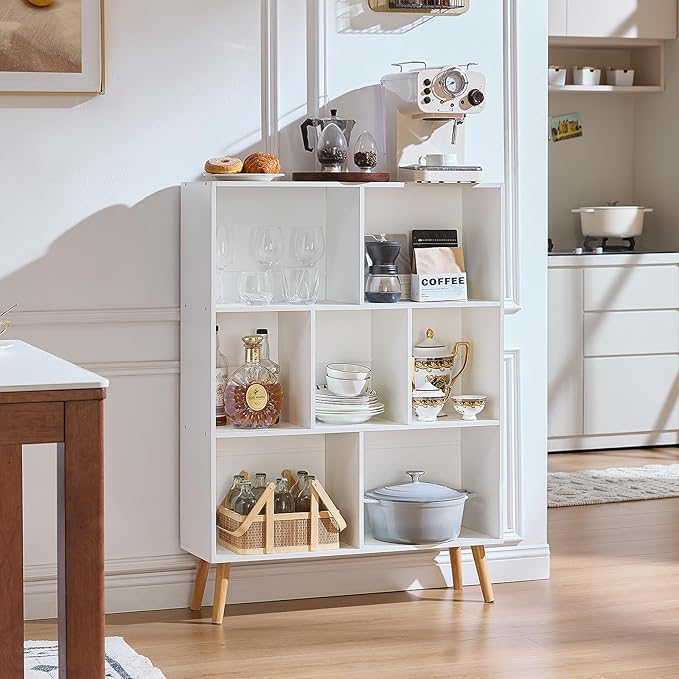 LEYAOYAO Cube Bookshelf 3 Tier Mid-Century White Modern Bookcase with Legs,Retro Wood Bookshelves Storage Organizer Shelf,Freestanding Open Book Shelves for Bedroom,Living Room,Office
