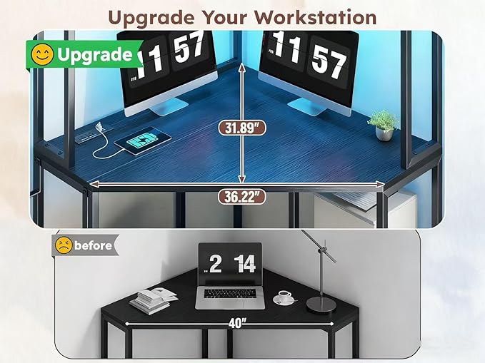 Corner Desk,35.4" W x 63" H Small Computer Desk and Office Desk with Hutch & LED Lights，Gaming Desk with Storage Drawers & Shelves and Hook for Small Space,Black