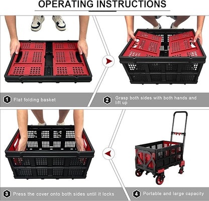 2 in 1 Hand Truck Dolly with Folding Basket,Folding Hand Truck Heavy Duty 330lbs Capacity,Foldable Hand Trcuk with Retractable Handle and Rubber Wheels,Portable Dolly with Bungee Cords for Moving