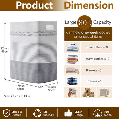 SIXDOVE Laundry Hamper, Large Woven Rope Tall Laundry Basket with Handles, 22" X 17" X 13", Decorative Storage Basket for Clothes and Blankets in Living room, Bedroom, Grey & White