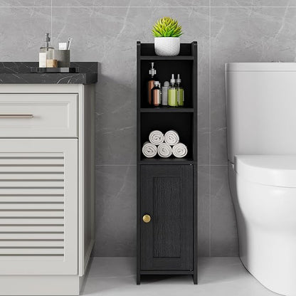 Lomojo Small Bathroom Storage Cabinet, Toilet CabinetFreestanding Bathroom Organizer for Small Spaces, Narrow Toilet Paper Corner Floor with Door and Shelves,Black