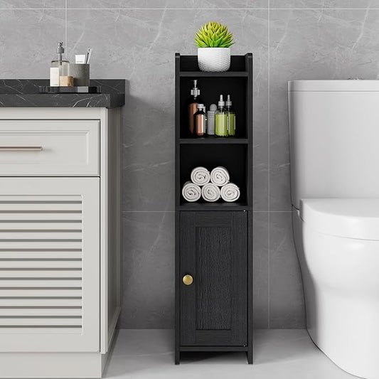Lomojo Small Bathroom Storage Cabinet, Toilet CabinetFreestanding Bathroom Organizer for Small Spaces, Narrow Toilet Paper Corner Floor with Door and Shelves,Black