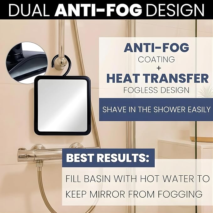 MIRRORVANA Dual Anti Fog Shower Mirror for Shaving with Hook for Hanging and Fogless Shatterproof Surface - Fill Back Chamber/Reservoir with Hot Water for Fog Free Shave (8" x 7", Black)