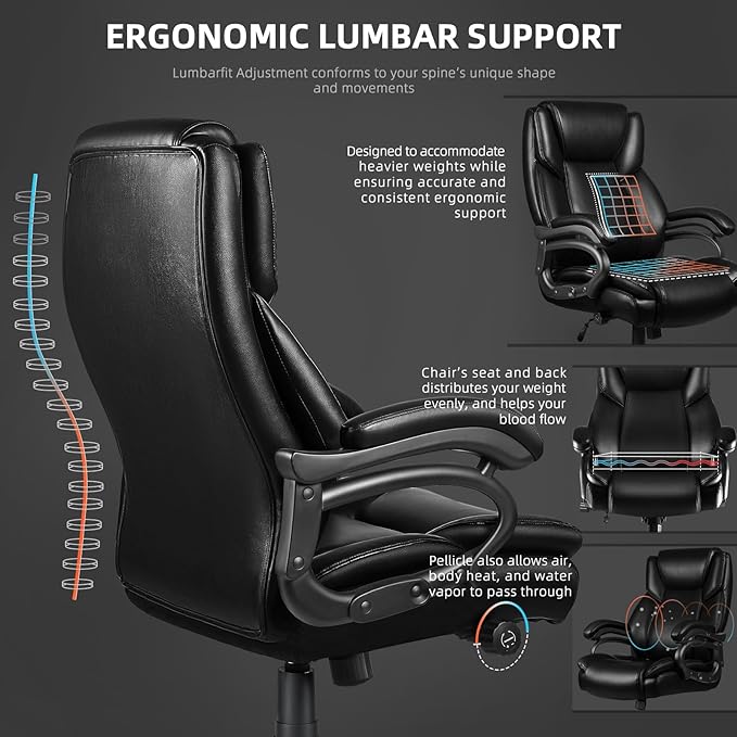 VITESSE 500lbs Heavy Duty Office Chair for Low Back Pain Relief, Big and Tall Office Chair with Ergonomic Lumbar Support, High Back Executive Chair with Quiet Rubber Wheel