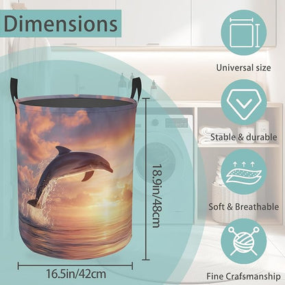 Laundry Hamper Foldable Oxford Cloth Dolphin Laundry Basket With Handle Portable Clothes Storage Organizer Basket Storage Bag For Laundry Room/Bedroom/Bathroom