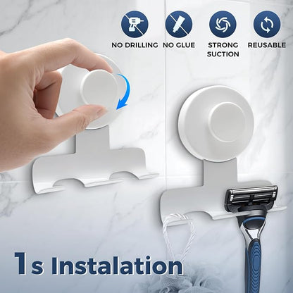 Suction Cup Razor Holder for Shower,Heavy-Duty 7KG Suction Hooks for Razor,Towel,Loofah,Removable Damage-Free Metal Shower Hook,Shaver Holder,2 Pack(Matte White)
