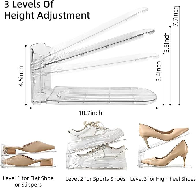 2 Pack Shoe Slots Organizer Adjustable Level Shoe Stacker Holder Storage Space Saving Sneakers Display Tray Rack for Closet (Transparent, 2Pack)